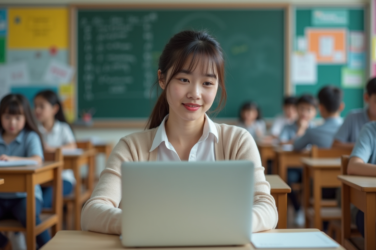 Jeune enseignante seule utilisant un ordinateur en classe