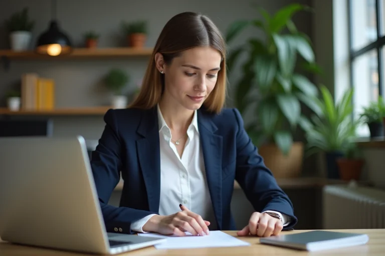 Jeune femme en blazer bleu met à jour son CV au bureau
