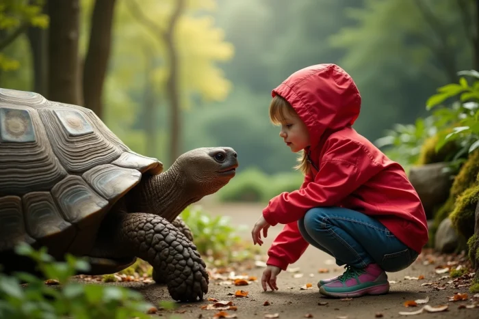 Jeune fille curieuse observe une tortue dans la forêt