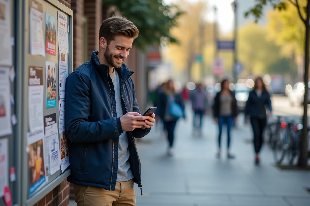 Jeune homme souriant devant un tableau d