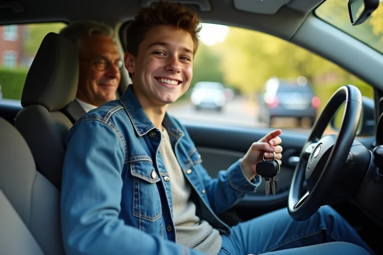 Jeune homme souriant dans une voiture compacte