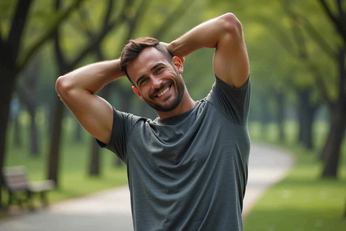 Jeune homme en tenue sportive étire son dos dans un parc calme