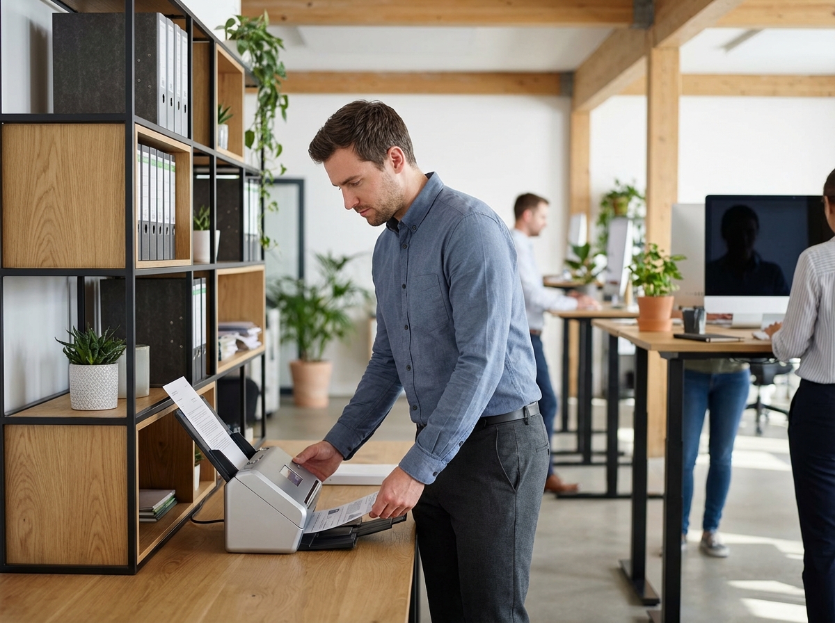 Jeune homme scanne des documents dans un espace de travail moderne