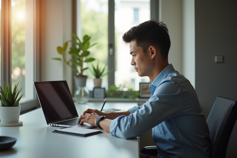Jeune professionnel travaillant sur un ordinateur moderne dans un bureau lumineux