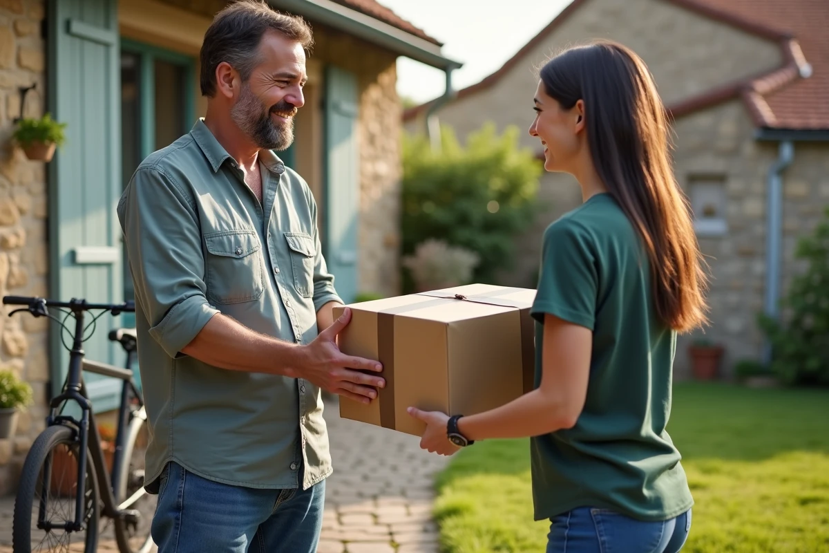 Homme recevant un colis Halara par une livreuse devant sa maison