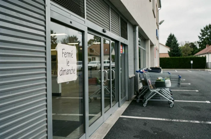 Entrée d'un magasin Gifi fermée le dimanche avec rideau métallique baissé et panneau de fermeture affiché sur la porte vitrée