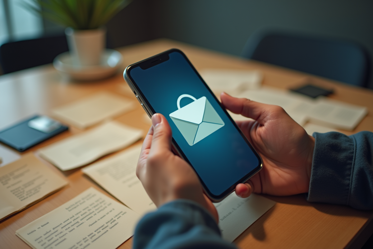 Mains tenant un smartphone avec interface email ancienne sur fond de lettres et disquettes