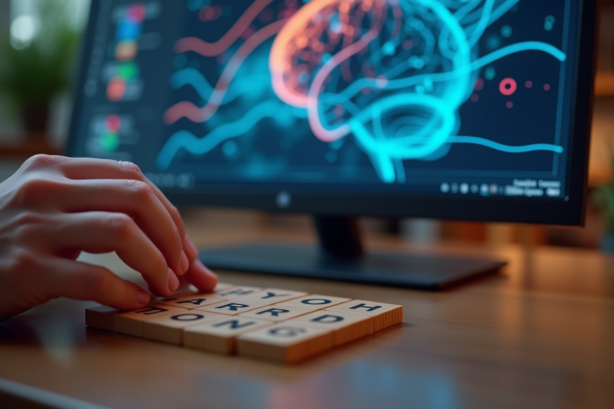 Mains disposant des lettres en bois devant un écran avec algorithmes d