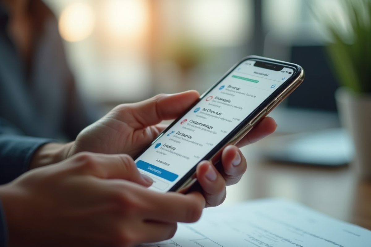 Mains tenant un smartphone affichant une boite mail organisée