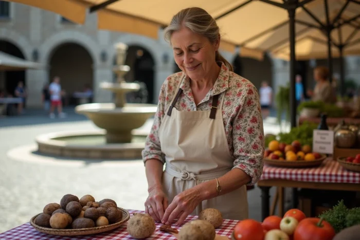 Femme italienne vendant des truffes et légumes au marché en plein air sur la piazza de Pietra d'Alba en Piémont