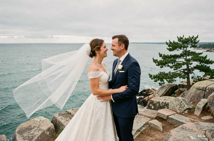 Mariés souriants sur les falaises de la Côte d'Émeraude en Bretagne lors de leur cérémonie de mariage