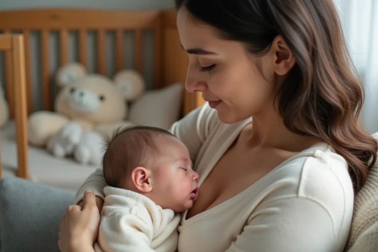 Mère douce tenant son bébé endormi dans une nurserie calme