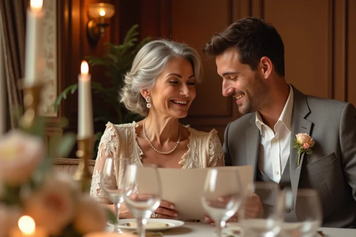 Mère lisant un message émouvant à son fils lors de la réception de mariage