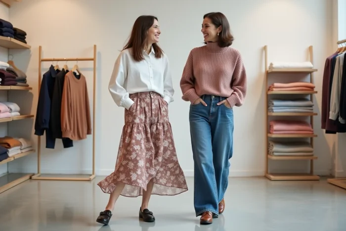 Deux personnes en tenues gender fluid dans une boutique de mode minimaliste, style fluide et décontracté