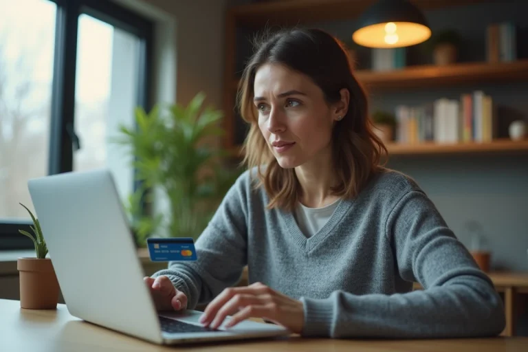 Femme effectuant un paiement en ligne sans 3D Secure sur son ordinateur portable à domicile, tenant une carte bancaire