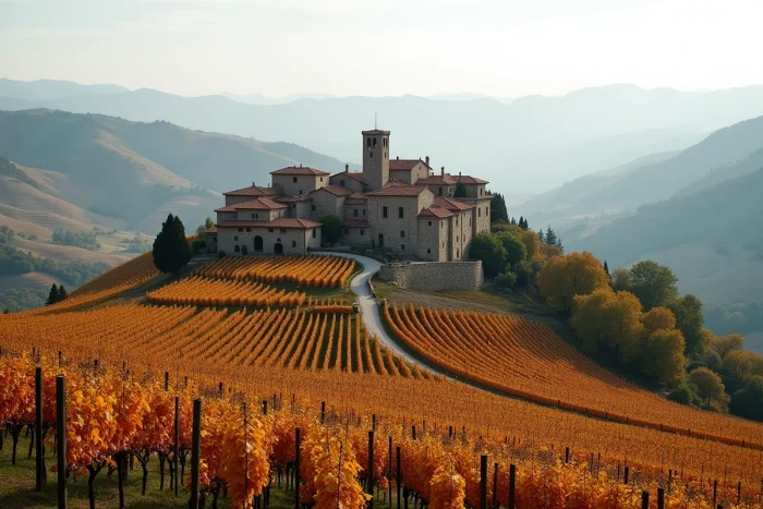 Vue panoramique du village de Pietra d'Alba perché sur la colline entouré de vignes aux couleurs automnales en Piémont Italie