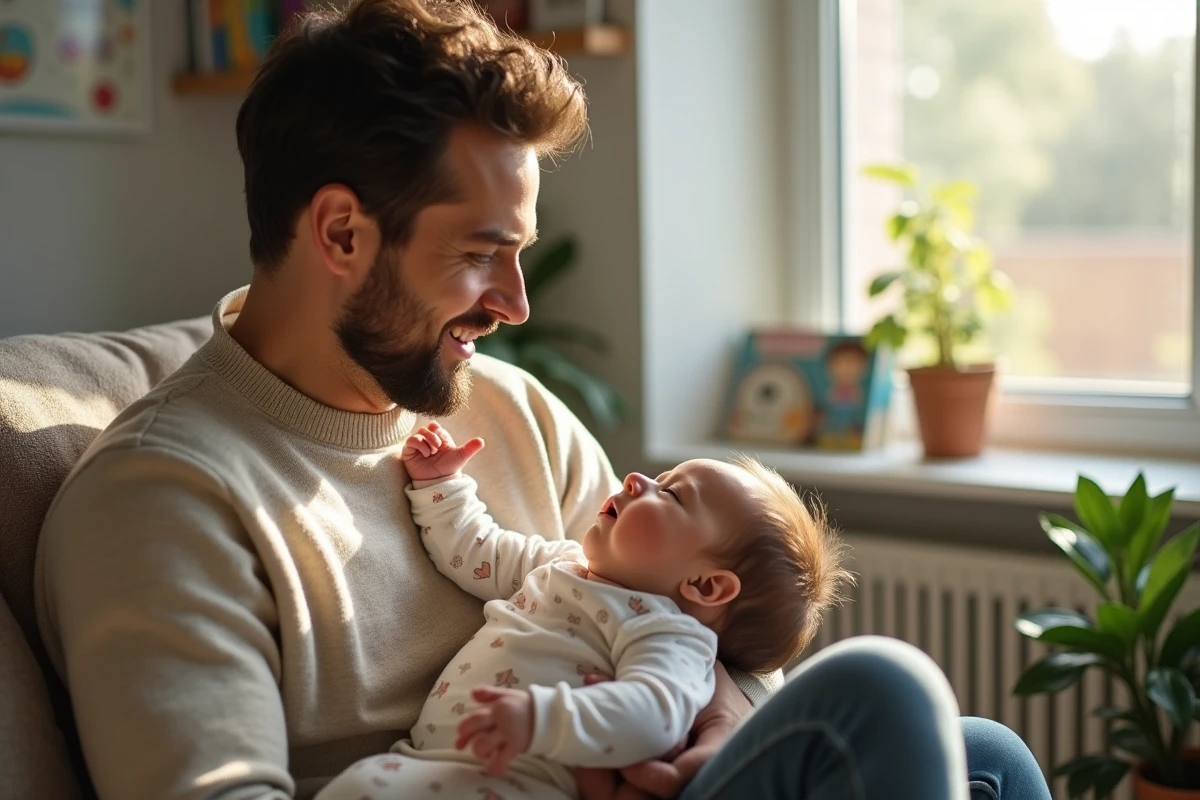 Père soulevant son bébé endormi dans un salon lumineux