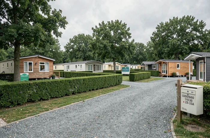 Vue extérieure d'un parc résidentiel de loisirs avec des parcelles à vendre illustrant les enjeux fiscaux immobiliers