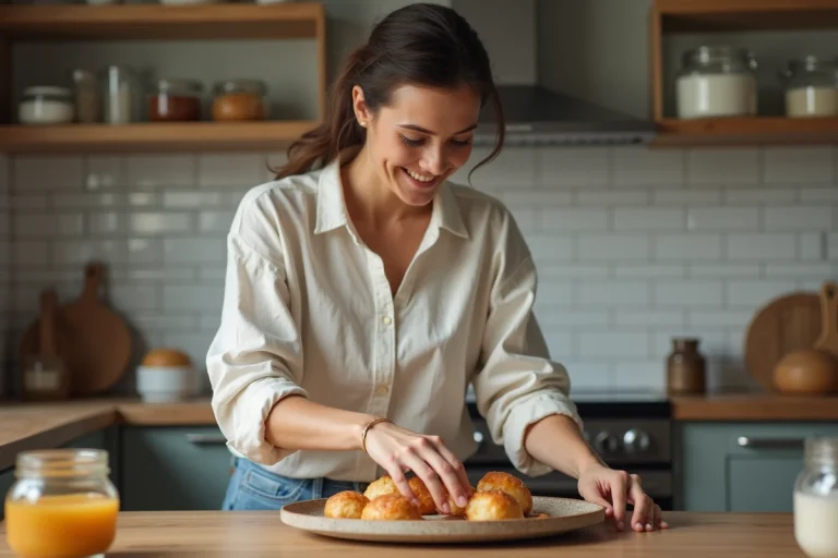 Femme préparant des pâtisseries sans gluten dans une cuisine chaleureuse