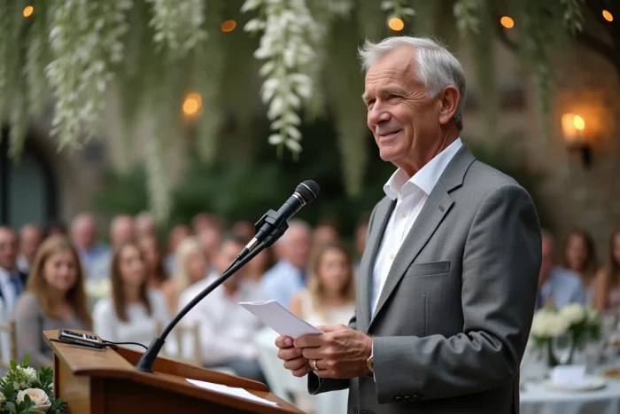 Père ému prononçant un discours lors du mariage de son fils dans un jardin décoré