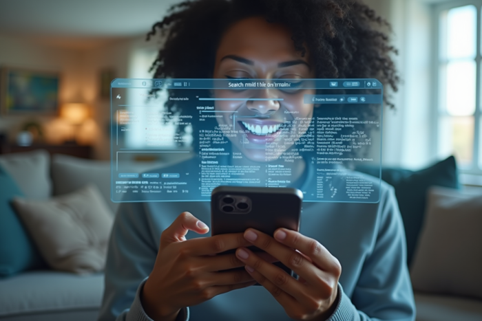 Personne tenant un smartphone devant les yeux avec des hologrammes de résultats de recherche
