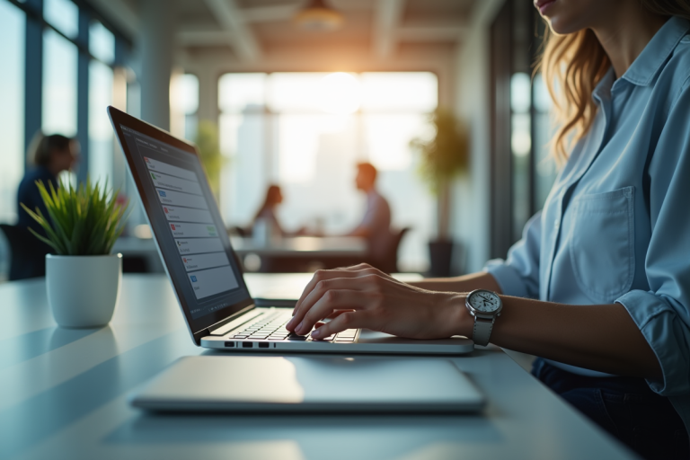 Professionnel au bureau tapant sur un ordinateur portable