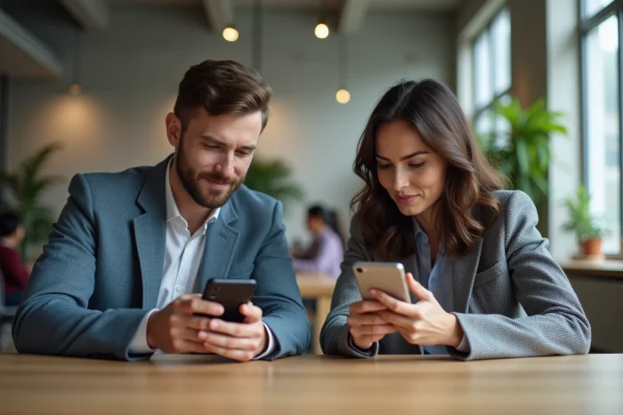 Deux professionnels comparant des applications de messagerie sur leurs smartphones dans un espace de coworking moderne