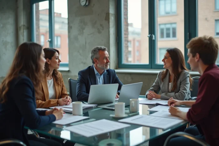 Groupe de professionnels discutant des changements législatifs de 2025 autour d'une table de réunion avec documents et ordinateurs portables