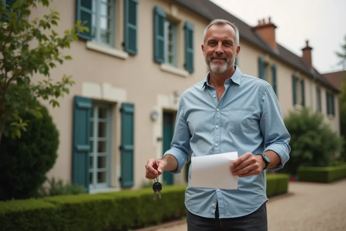 Propriétaire devant sa maison tenant les clés et son contrat de prêt immobilier modulable