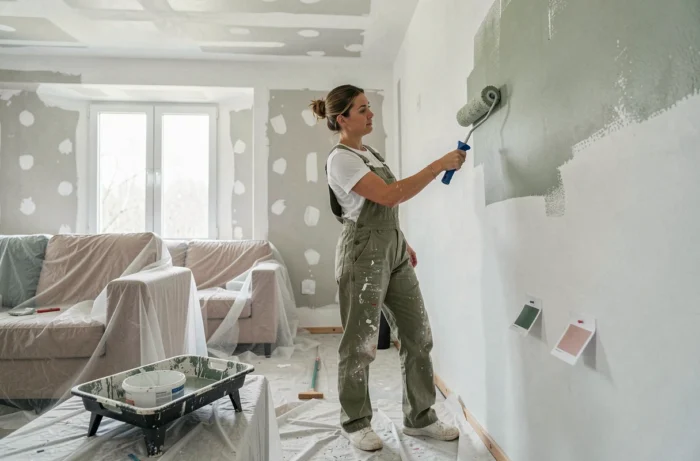 Femme appliquant de la peinture murale dans un salon en cours de rénovation