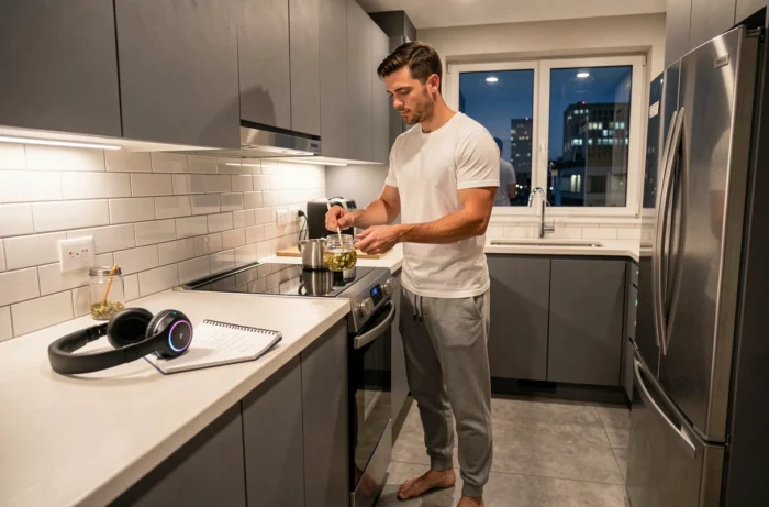 Homme préparant une tisane la nuit pour améliorer son sommeil après une session de jeux vidéo