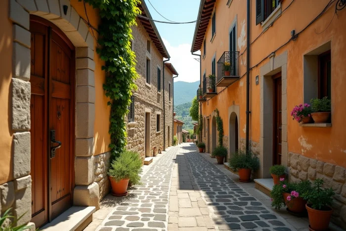 Ruelle pavée pittoresque du village médiéval de Pietra d'Alba en Italie avec maisons en pierre et collines piémontaises en arrière-plan