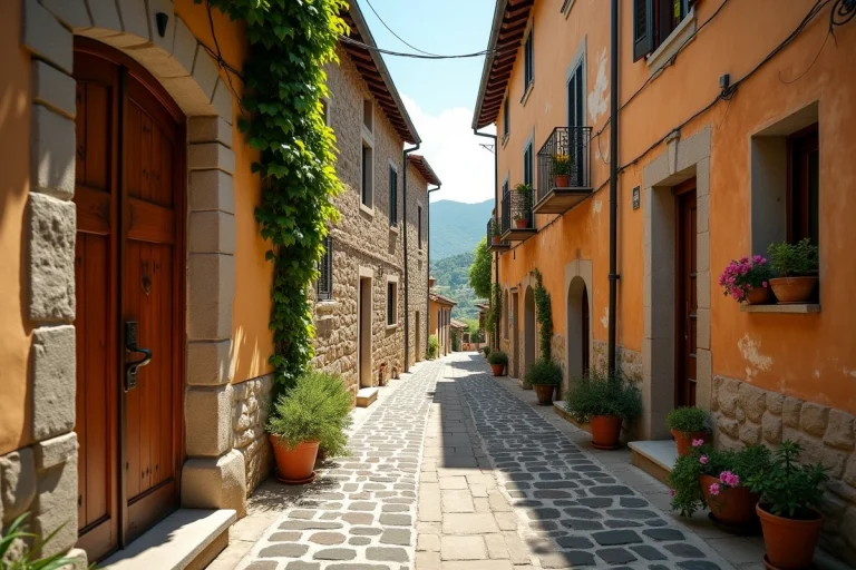 Ruelle pavée pittoresque du village médiéval de Pietra d'Alba en Italie avec maisons en pierre et collines piémontaises en arrière-plan