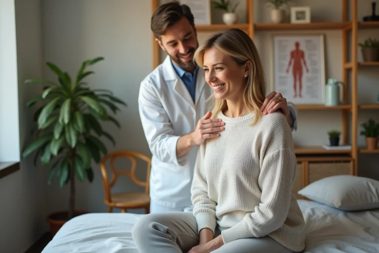 Femme souriante en séance de chiropractie dans un cabinet chaleureux