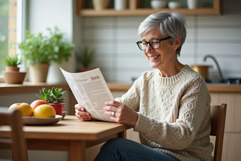 Femme senior souriante lisant un journal dans la cuisine