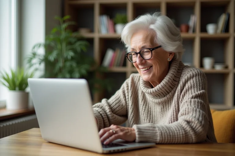 Femme senior souriante utilisant un ordinateur portable à la maison