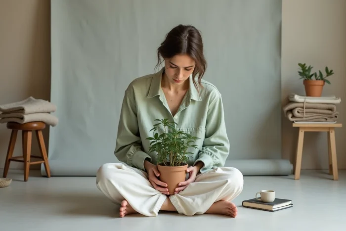 Personne en tenue gender fluid minimaliste lin et coton blanc dans un studio photo épuré et naturel