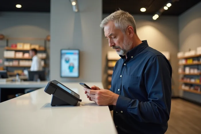 Homme hésitant devant un terminal de paiement sans authentification 3D Secure dans un commerce