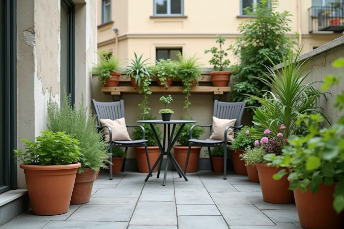 Terrasse de jardin urbain aménagée avec des plantes aromatiques en pots, des succulentes et un coin salon en métal patiné