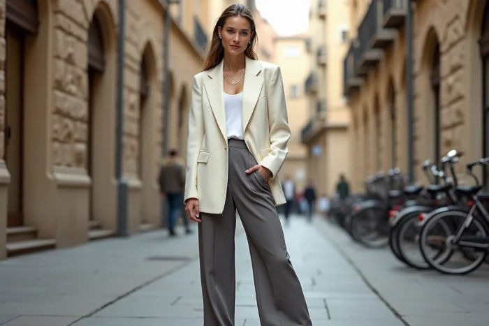 Personne portant un blazer oversize crème et un pantalon large gris dans un style gender fluid en rue urbaine