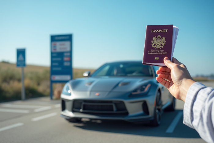 Voiture moderne à la frontière avec passeport en main