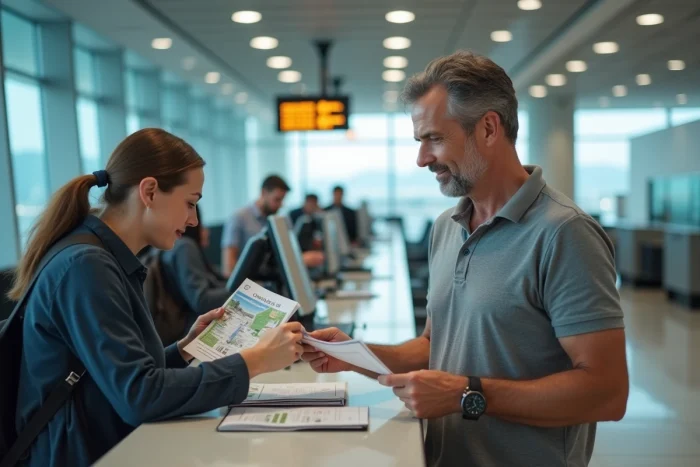 Voyageur remettant ses chèques vacances à un agent Air France au comptoir d'enregistrement de l'aéroport