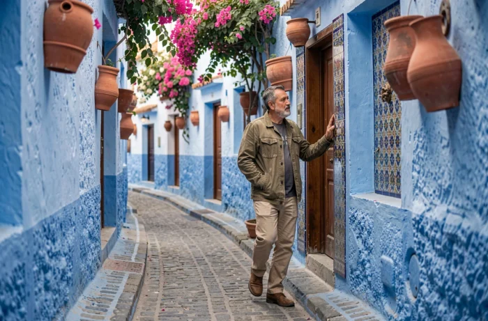 Voyageur explorant une ruelle bleue de Chefchaouen au Maroc entourée de pots de fleurs et portes colorées