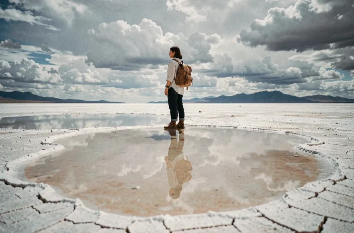 Voyageuse debout sur le salar de Bolivie avec reflet parfait dans l'eau et ciel nuageux dramatique