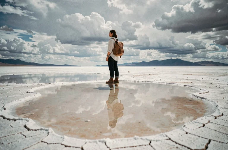Voyageuse debout sur le salar de Bolivie avec reflet parfait dans l'eau et ciel nuageux dramatique